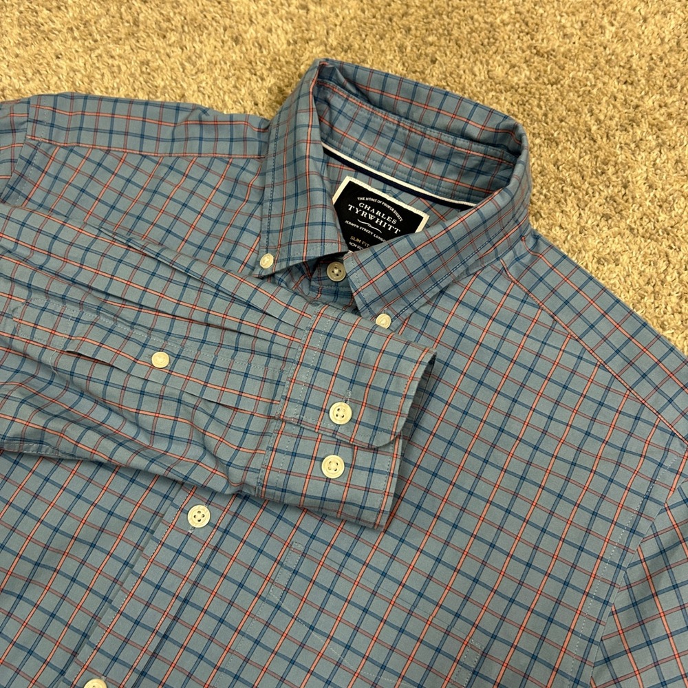 Charles Tyrwhitt Button Down Shirt Slim Fit Medium‎ Blue Check Non-Iron Cotton